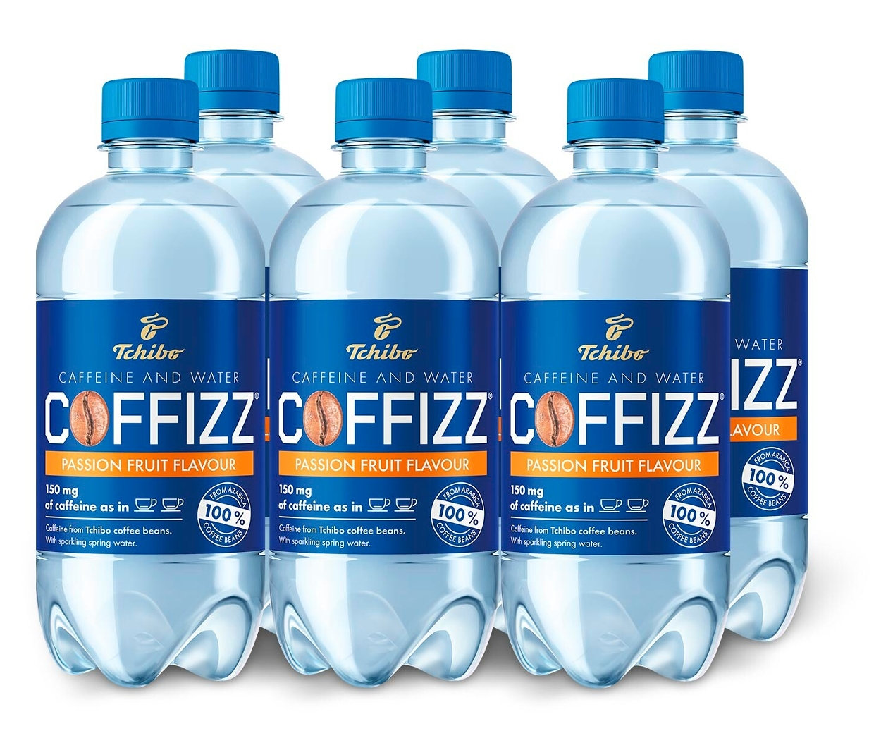 Šest lahví nápoje Tchibo Coffizz Maracuja, 6 x 500 ml = 3 l, s modrým uzávěrem.