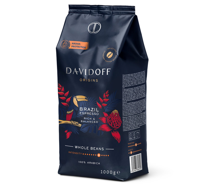 Balení zrnkové kávy Davidoff Café Origins Brazil o hmotnosti 1 kg.