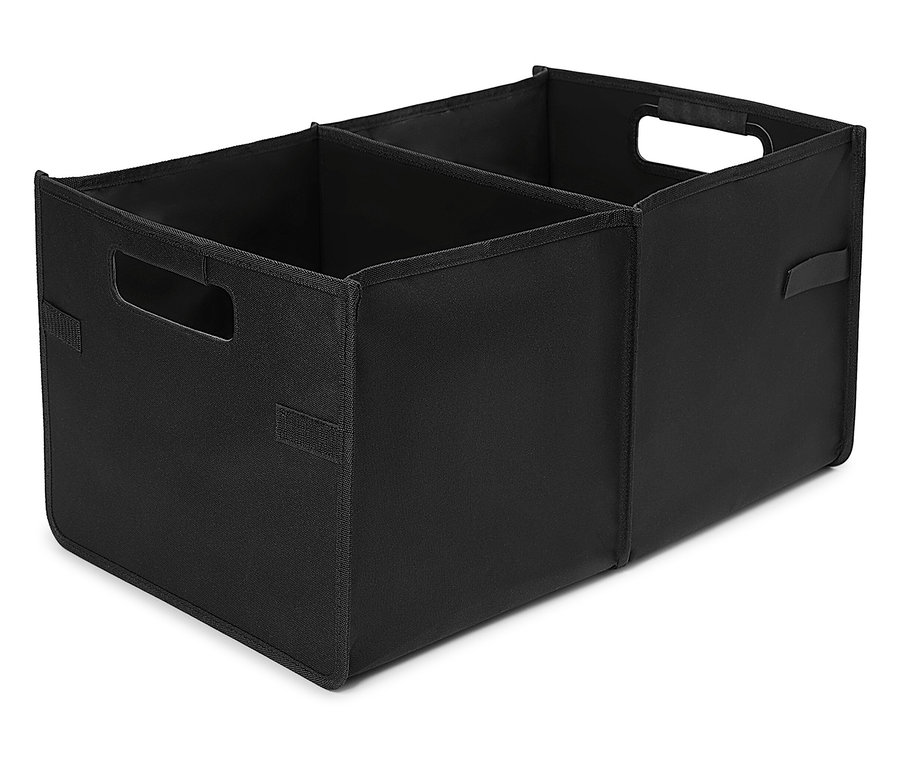 Černý látkový organizér se dvěma přihrádkami a úchyty.