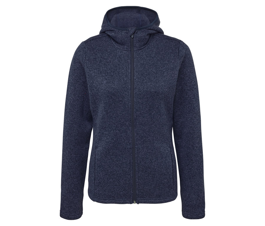 Tmavě modrá mikina s kapucí a zipem uprostřed.