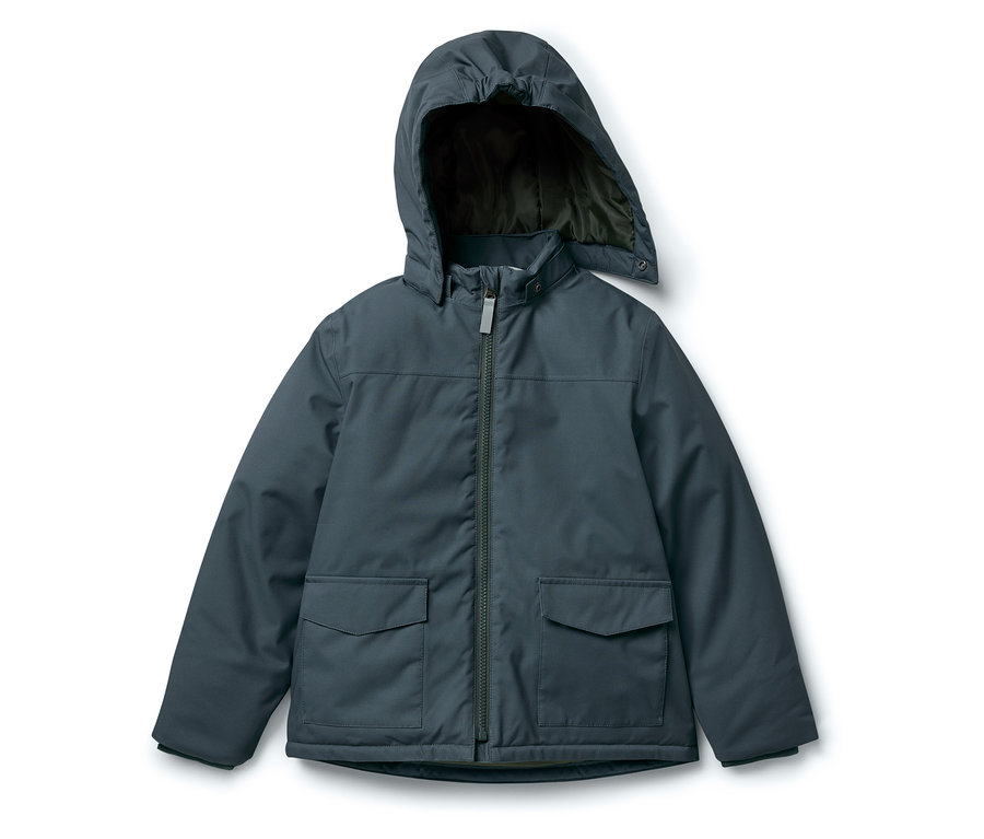 Modrá bunda s kapucí a zipem uprostřed.