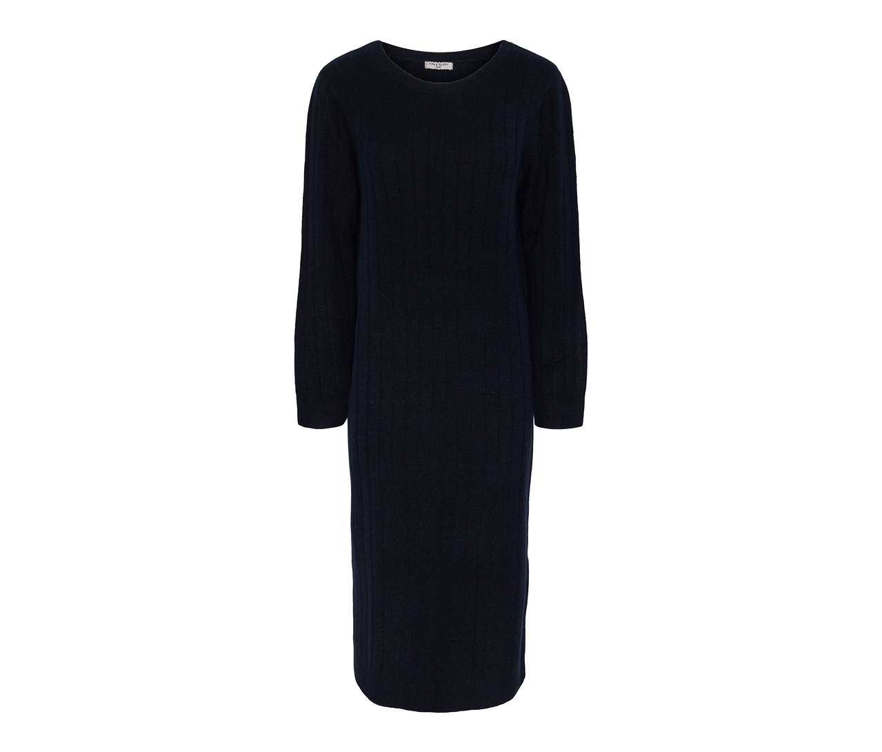 Tmavě modré žebrované pletené šaty.