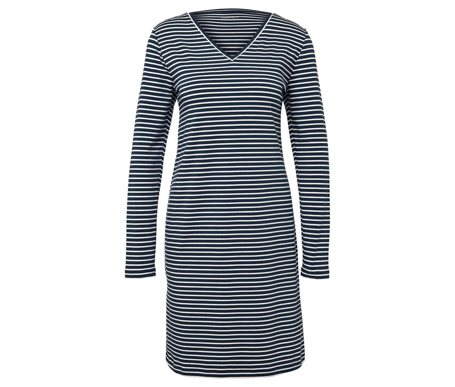 Modré a bílé pruhované šaty s dlouhým rukávem a výstřihem do V.