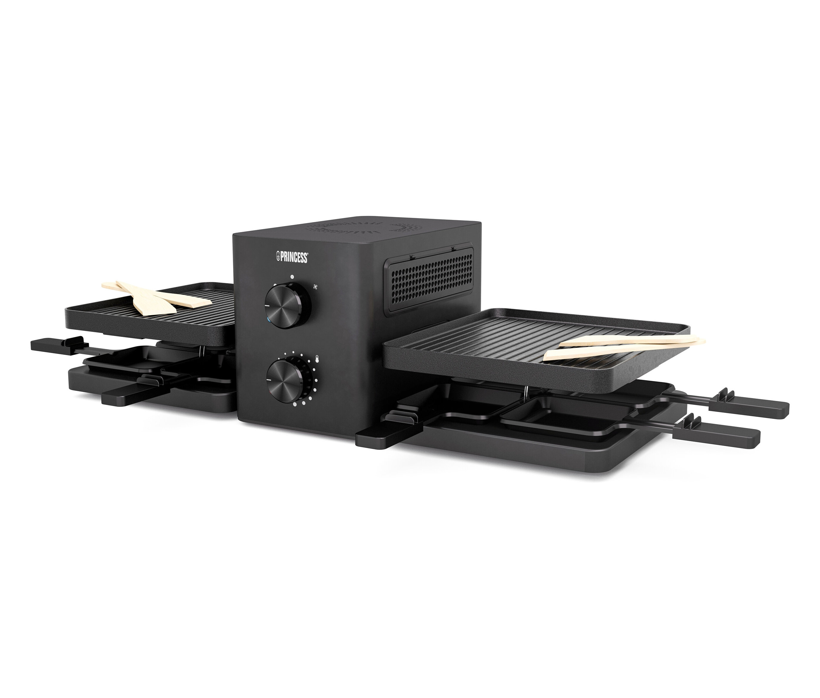 Černý raclette gril s odvětrávacím systémem a osmi malými pánvičkami.