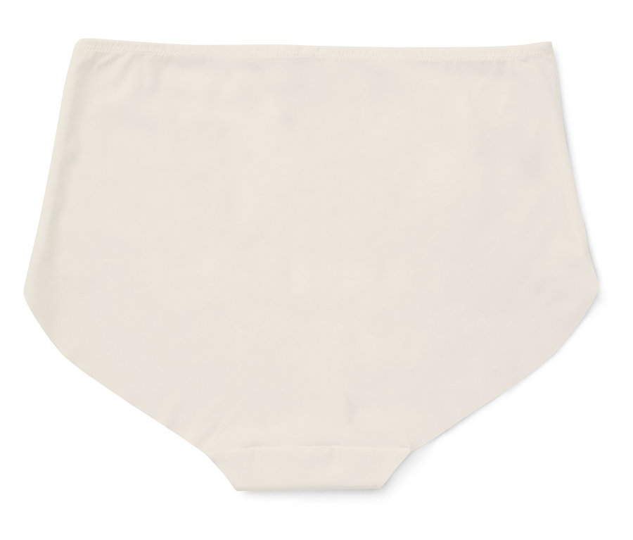 Béžové kalhotky s vysokým pasem na bílém pozadí.
