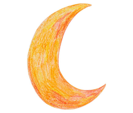Žlutooranžový půlměsíc nakreslený konfetovými voskovkami.