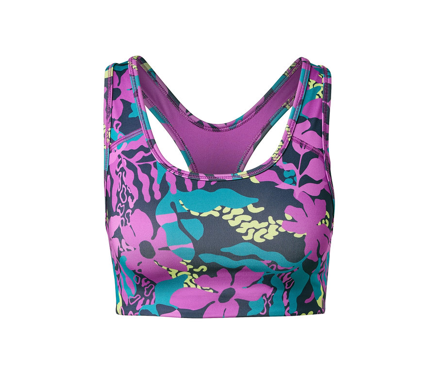 Detail sportovní podprsenky s květinovým vzorem.