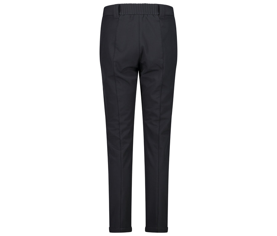 Pohled zezadu na tmavě modré kalhoty s elastickým pasem.