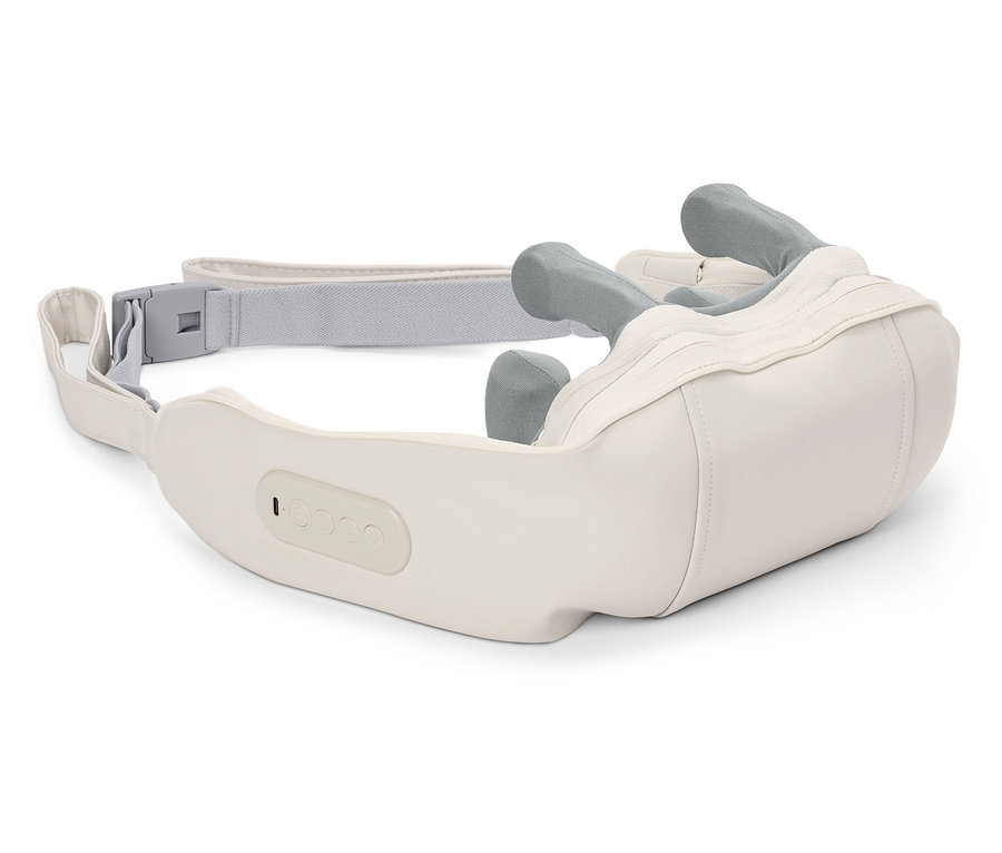 Detailní záběr bílého masážního přístroje na krk se šedými masážními hlavicemi a nastavitelným popruhem.