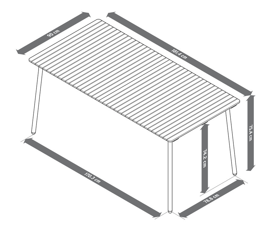 Ilustrace rozkládacího stolu »Elin« s vyznačenými rozměry.