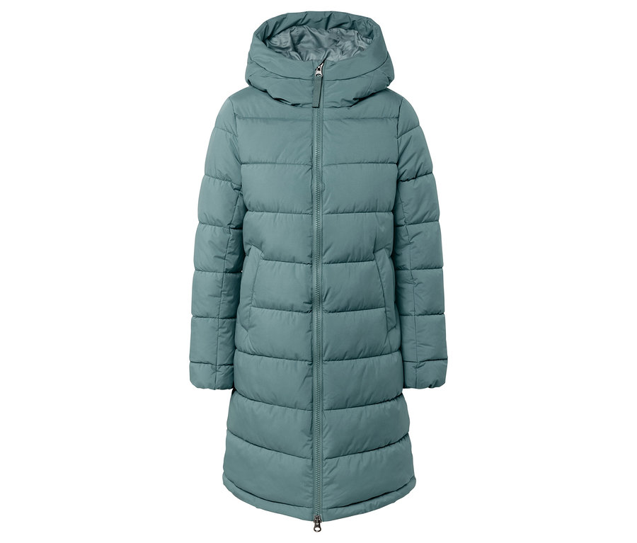 Tyrkysová prošívaná péřová bunda s kapucí.
