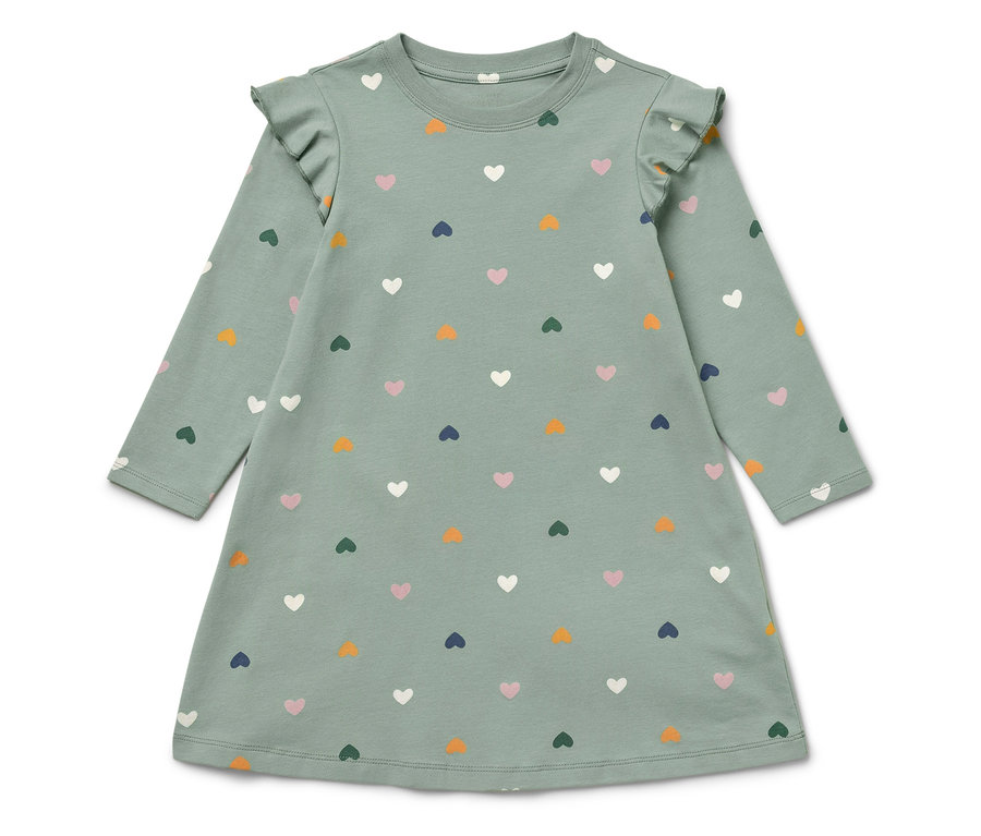 Zelené šaty s dlouhým rukávem a volánky na ramenou, potištěné barevnými srdíčky.