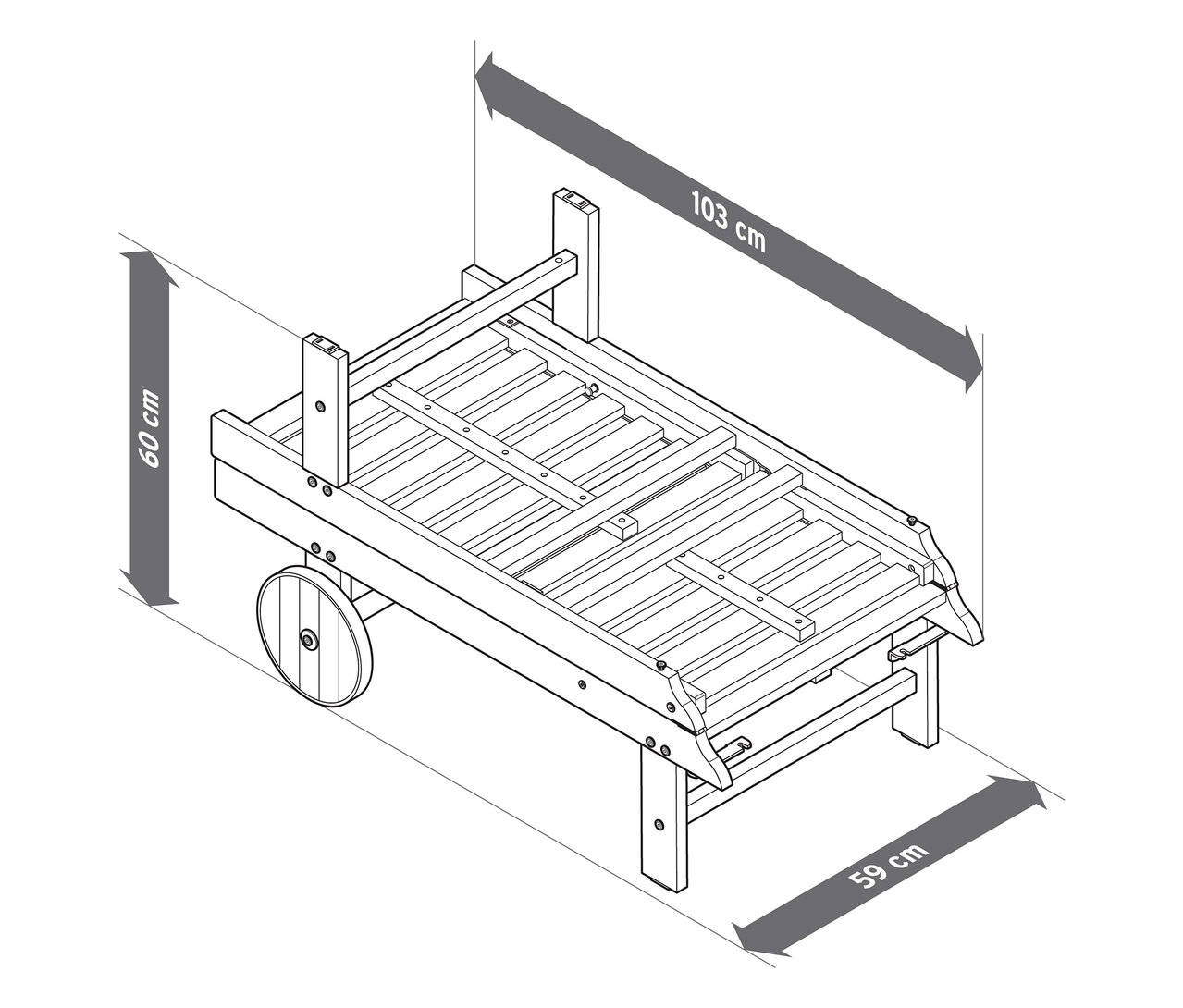 Obrázek zobrazuje klasické zahradní lehátko o rozměrech 103 cm délka, 60 cm výška a 59 cm šířka.