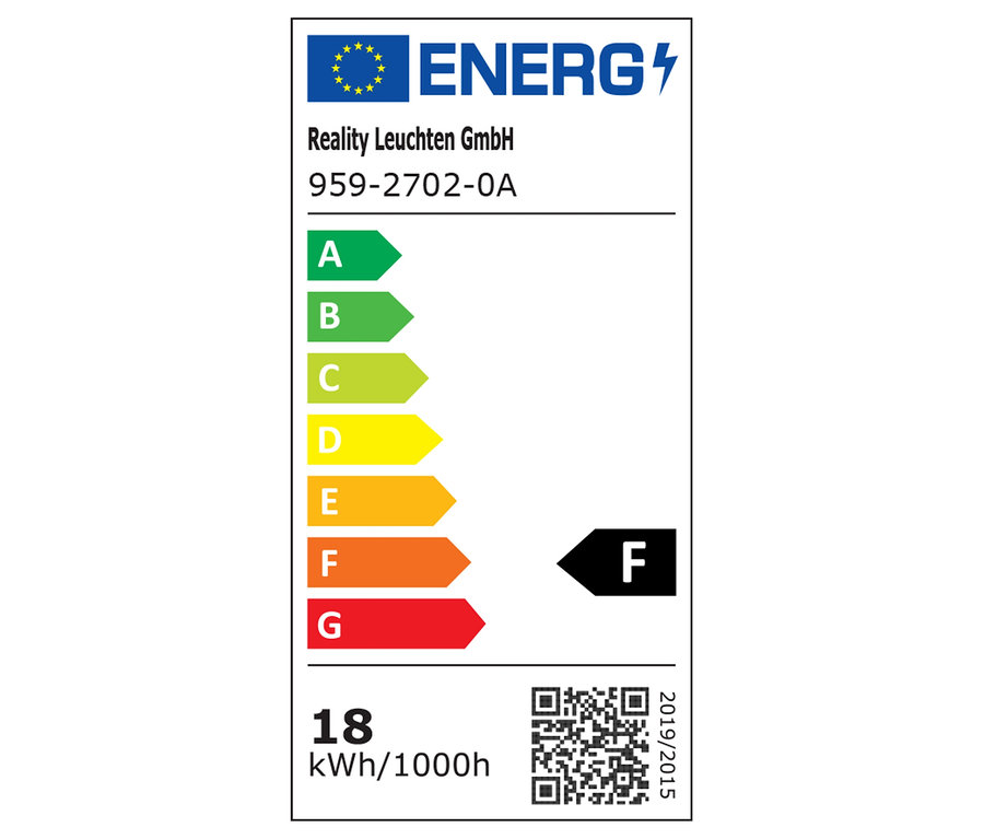 Energetický štítek Reality Leuchten GmbH 959-2702-0A s třídou energetické účinnosti F a spotřebou 18 kWh/1000h.