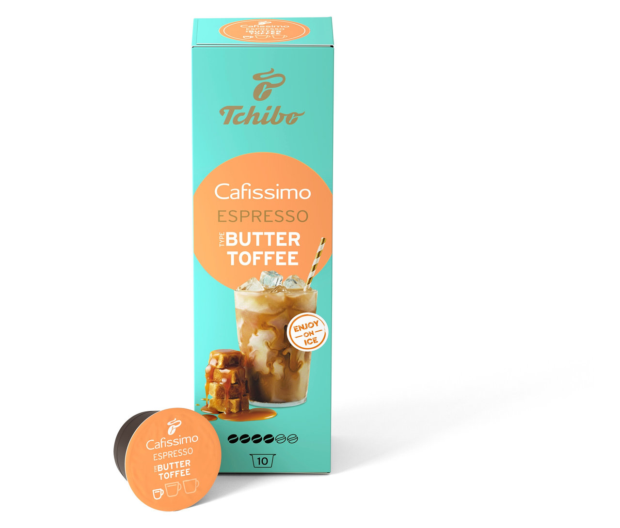 Balení kapslí Cafissimo Flavoured Espresso - Buttertoffee stojí vedle dvou samostatných kapslí.