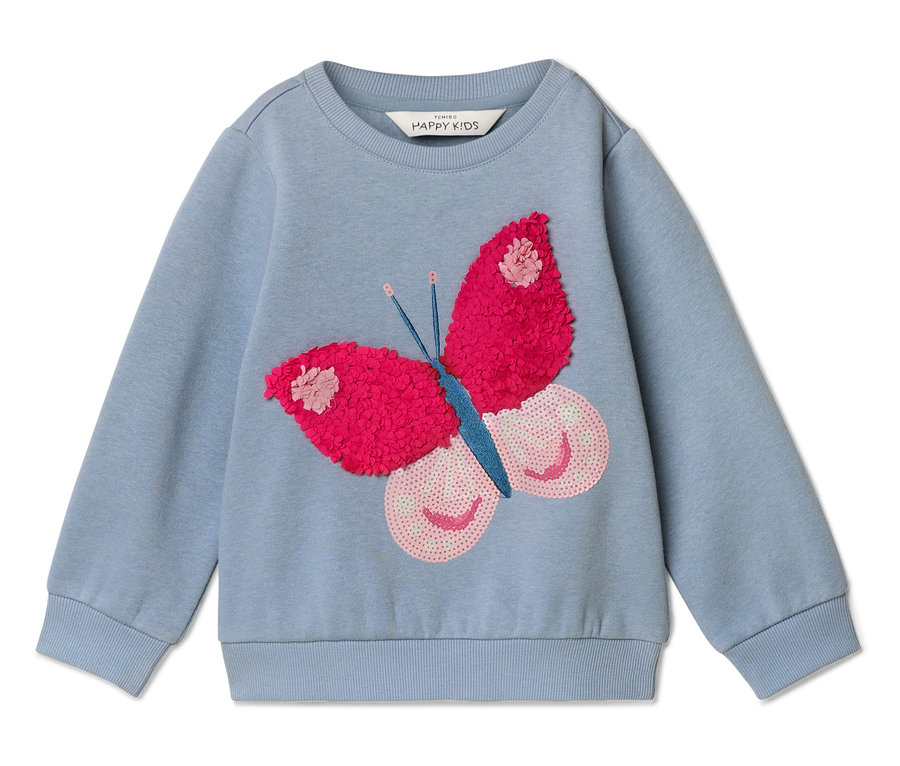 Světle modrá mikina s červeným potiskem motýla.