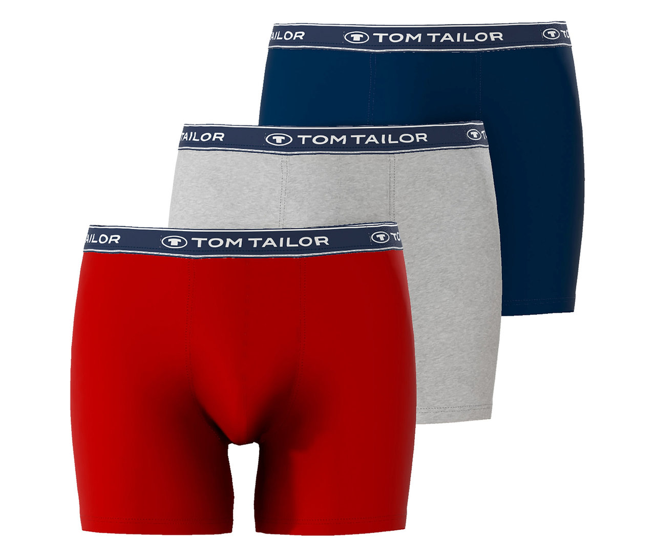 Troje boxerek Tom Tailor v červené, šedé a modré barvě leží na sobě.