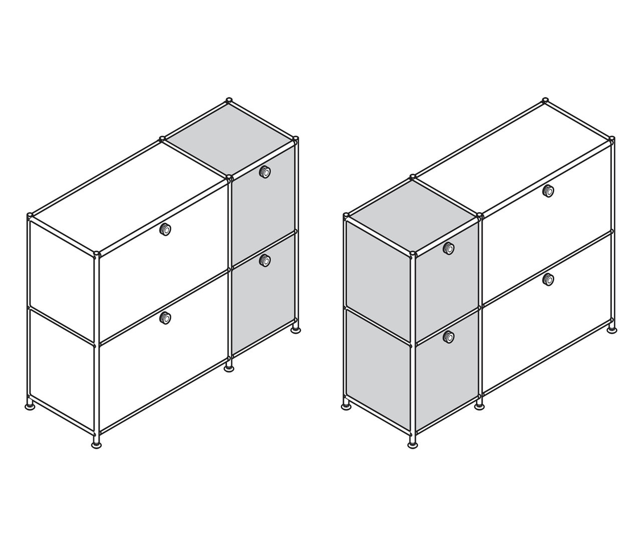 Dvě odkládací skříňky »CN3« se 4 výklopnými dvířky, jedna šedo-bílá, druhá celá šedá.
