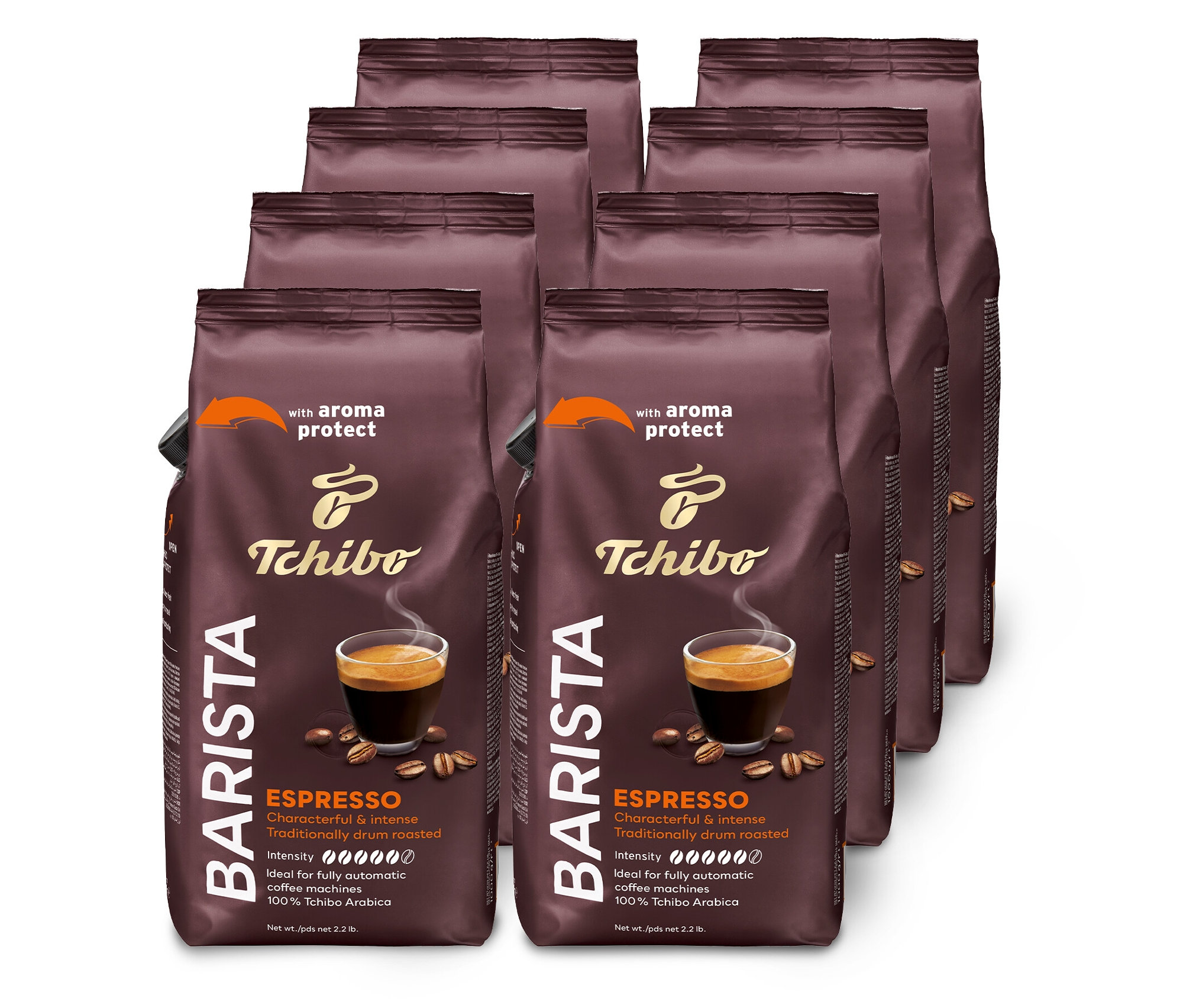 Osm balení zrnkové kávy BARISTA Espresso - 8x 1 kg naskládaných do dvou řad.