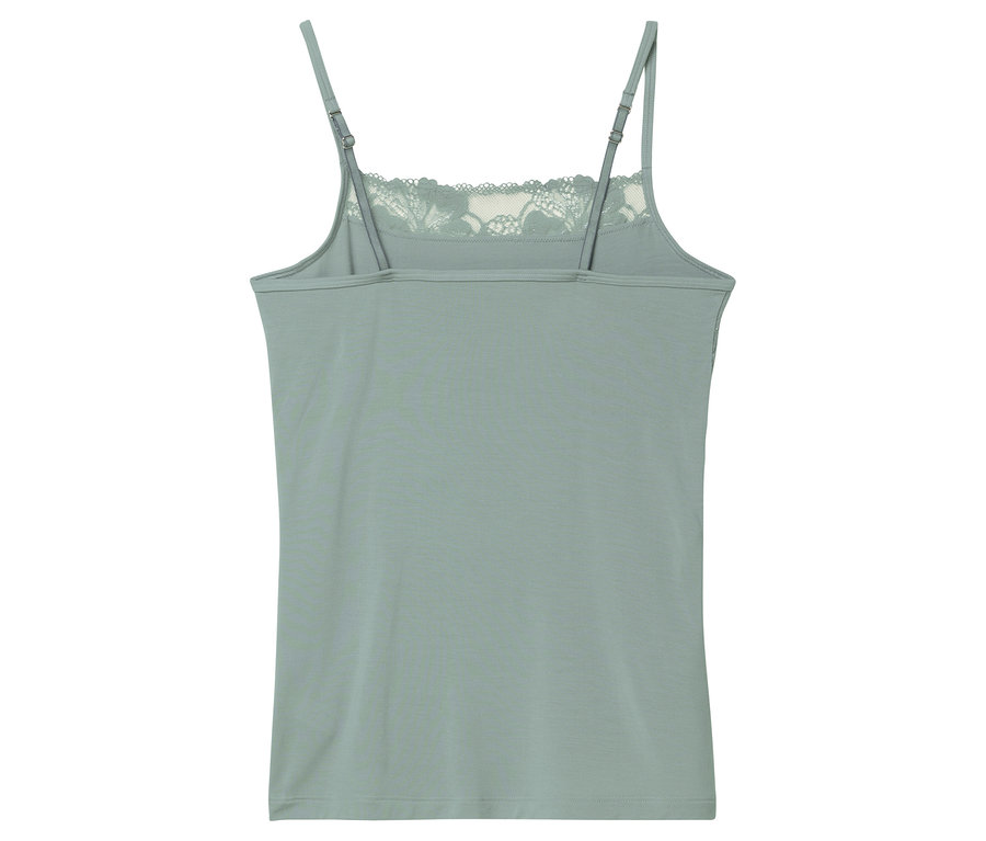 Pohled zezadu na dámský top bez rukávů v mátově zelené barvě s krajkou na výstřihu a nastavitelnými ramínky.