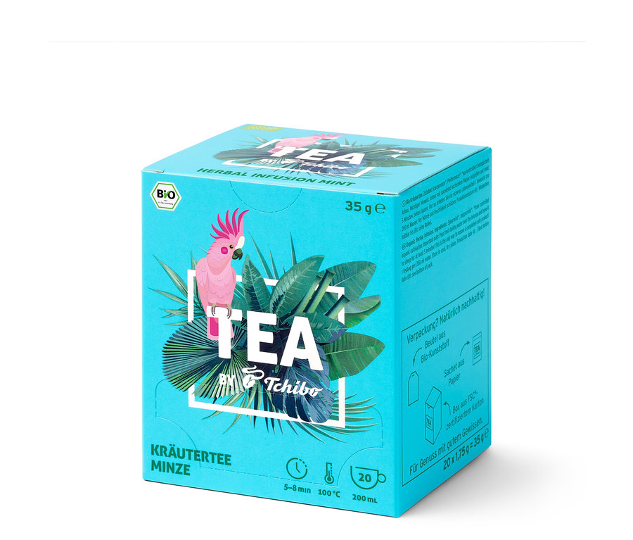 Balení BIO TEA by Tchibo máta 8 × 20 × 1,75 g na světlém pozadí.