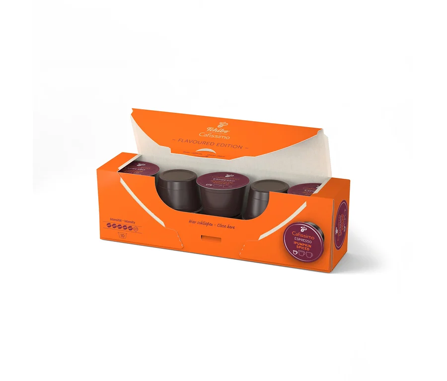 Otevřená oranžová krabička s deseti tmavě fialovými kapslemi Cafissimo Flavoured Espresso - Pumpkin Spiced, uspořádanými ve dvou řadách.