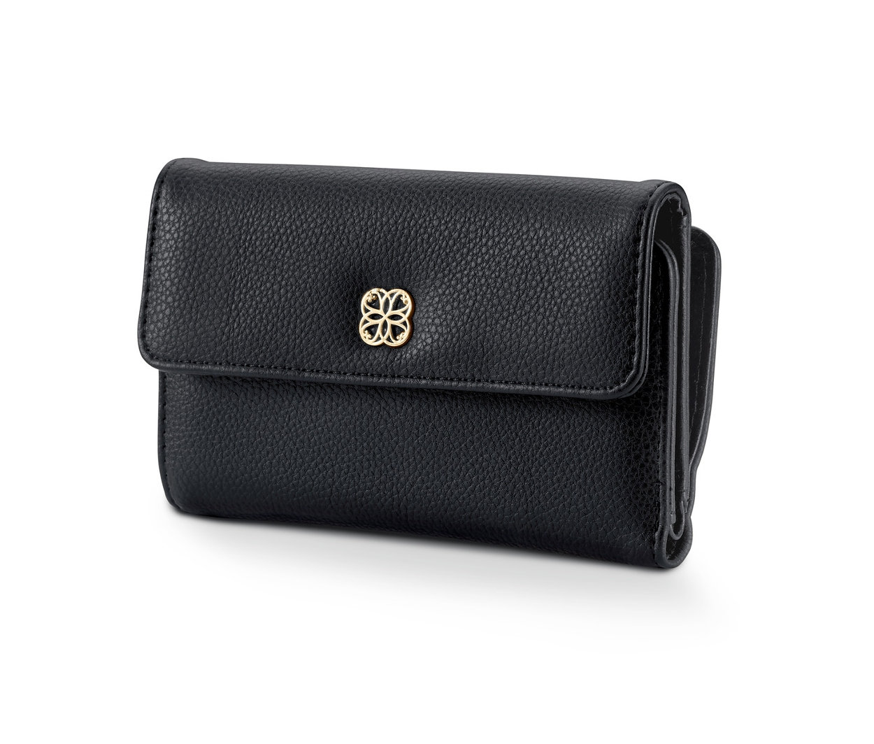 Černá peněženka na bílém pozadí.