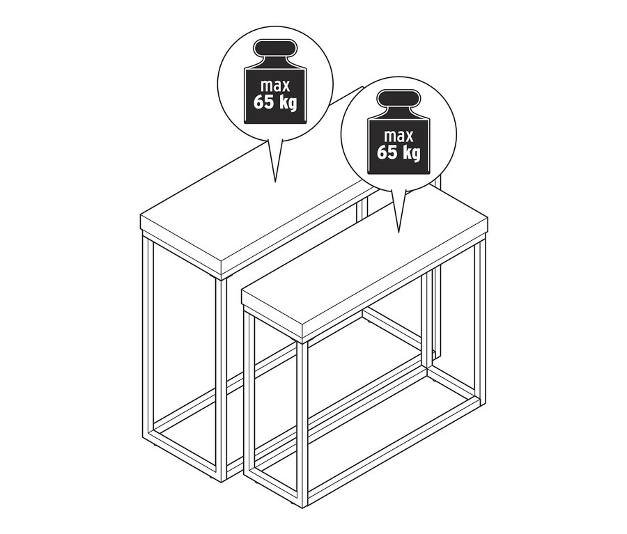 Nákres dvou kovových konzolových stolků v betonovém vzhledu.