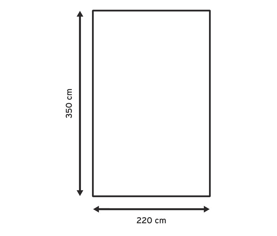 Nákres obdélníkového venkovního koberce a koberce na stanování o rozměrech 220 x 350 cm.