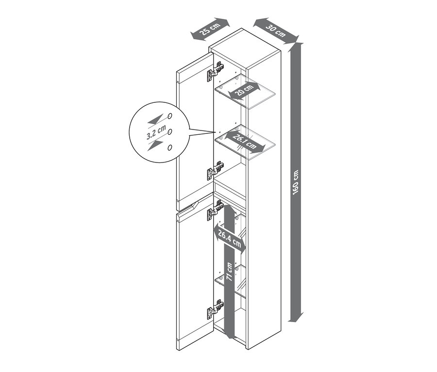 Ilustrace vysoké skříňky se 2 dvířky s otevřenými horními dvířky a rozměry.