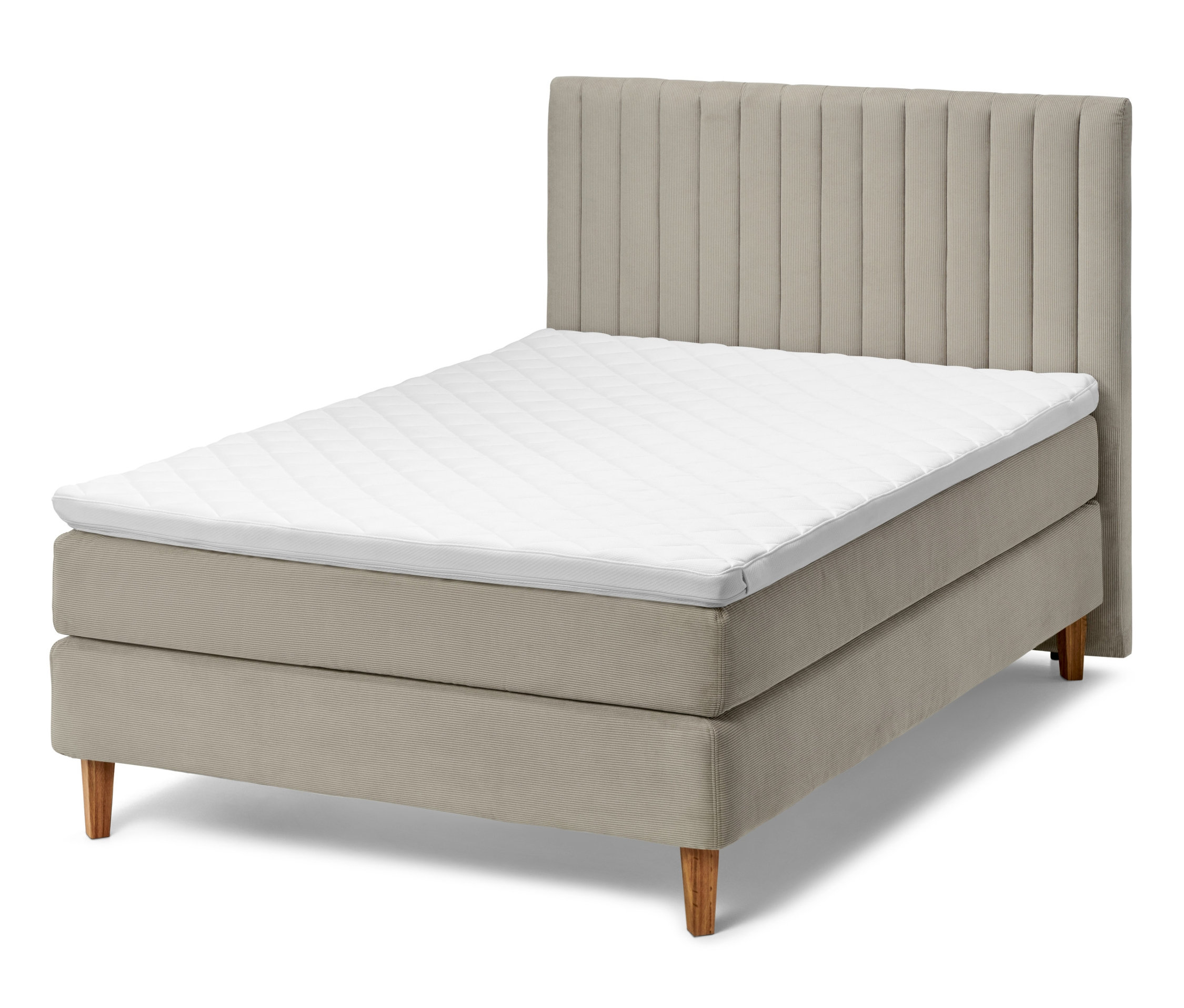 Béžová boxspring postel s čelem a bílou matrací.