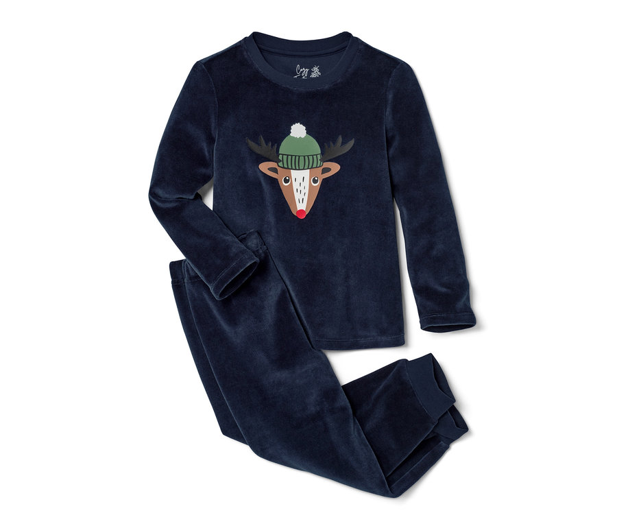 Tmavě modré dětské pyžamo z hebkého plyše s obrázkem soba s čepicí.