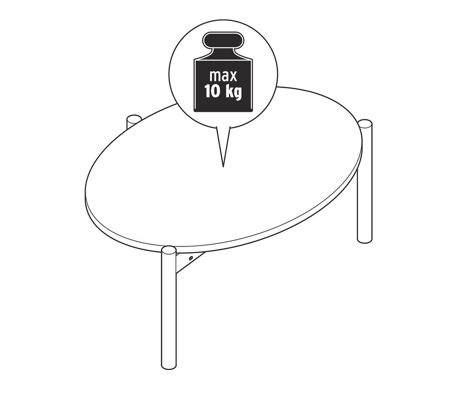 Černobílý nákres oválného stolu s kulatýma nohama a popiskem maximální hmotnosti 10 kg.