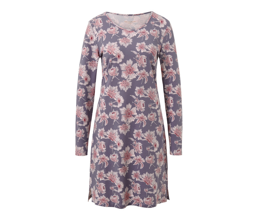 Fialová noční košile s dlouhými rukávy a květinovým vzorem.