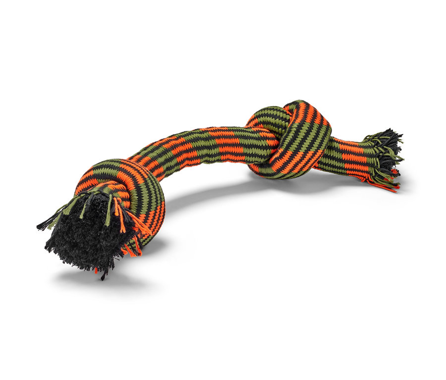 Hračka pro psy »Lano« s uzly a střapci v oranžové, olivové a černé barvě.