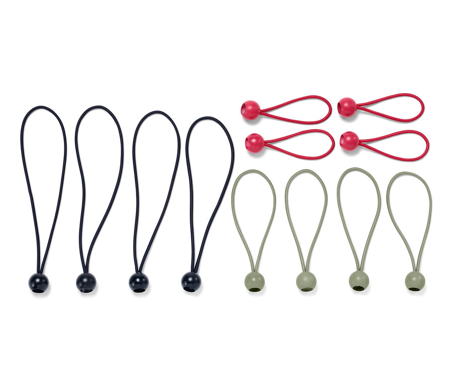 Dvanáct upínacích gum s kuličkou v černé, červené a zelené barvě.