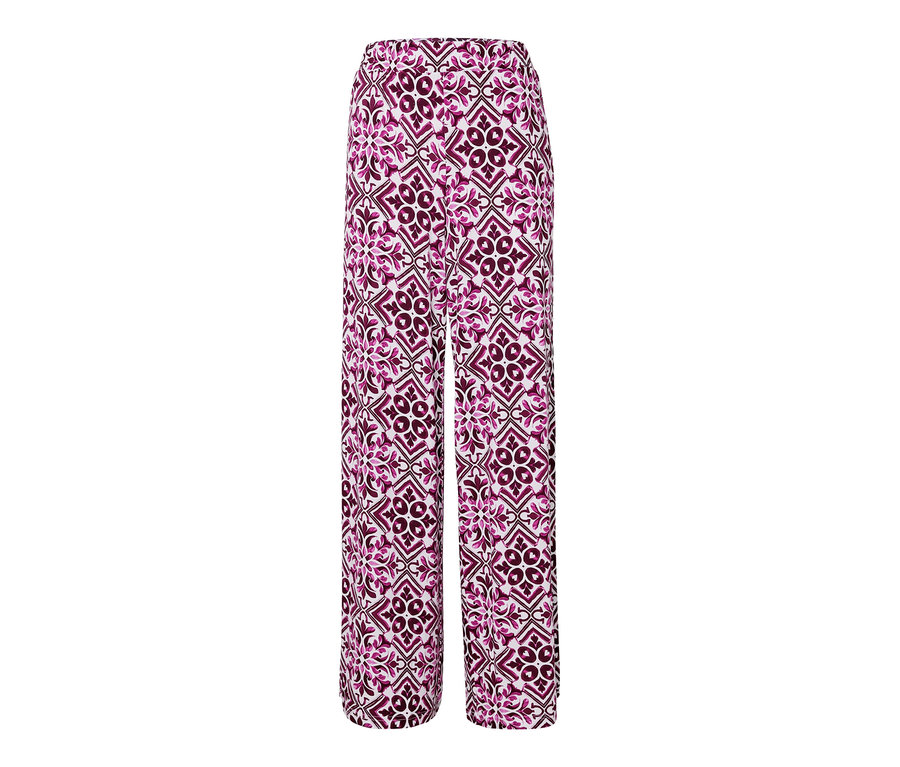 Potiskem zdobené široké kalhoty v bobulové barvě.