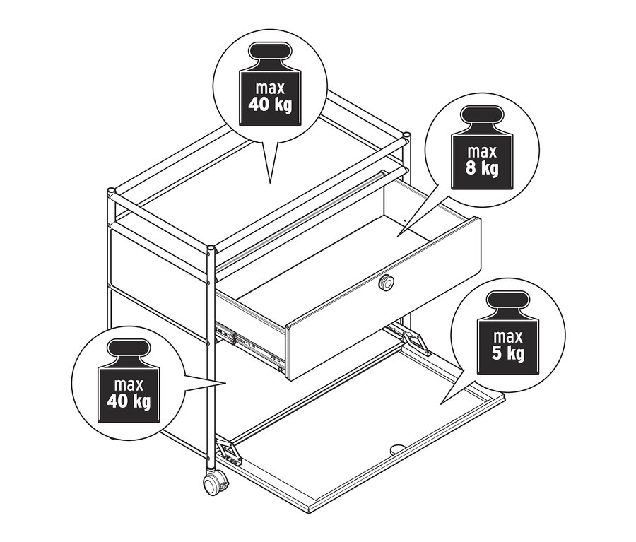 Ilustrace kovové komody »CN3« s 1 zásuvkou, 1 výklopnými dvířky a obvodovou ohrádkou.