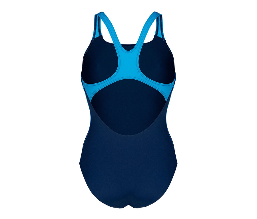 Detailní pohled zezadu na dámské plavky arena Performance Two Sides Swim Pro Back v modré a tyrkysové barvě.