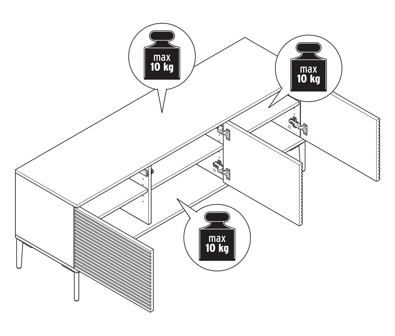 Nákres bílého televizního stolku s lamelovým vzhledem a otevřenými dvířky. Maximální nosnost 10 kg.