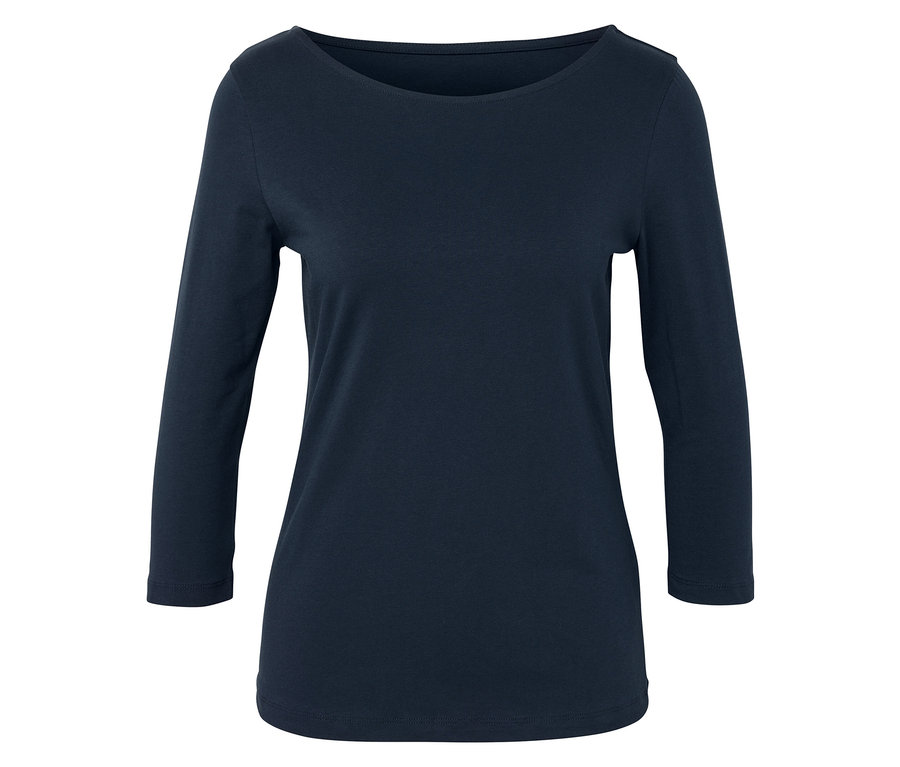 Tmavě modré tričko s 3/4 rukávy a kulatým výstřihem.