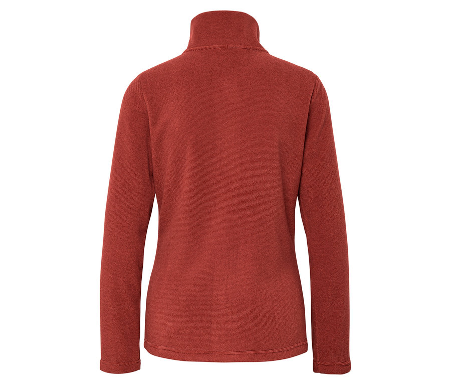 Zadní pohled na oranžovou fleecovou mikinu s dlouhými rukávy a vysokým límcem.