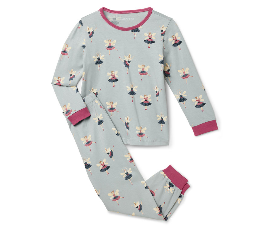 Modré pyžamo s dlouhým rukávem a kalhotami s potiskem baletek.