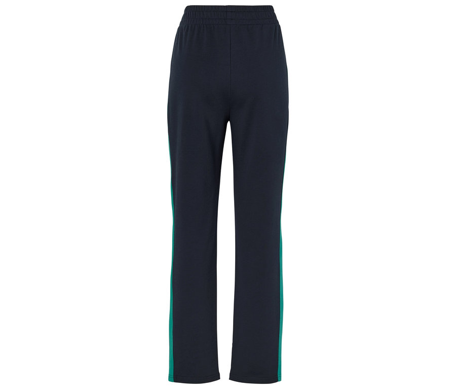 Tmavě modré tepláky s elastickým pasem a zelenými pruhy po stranách.