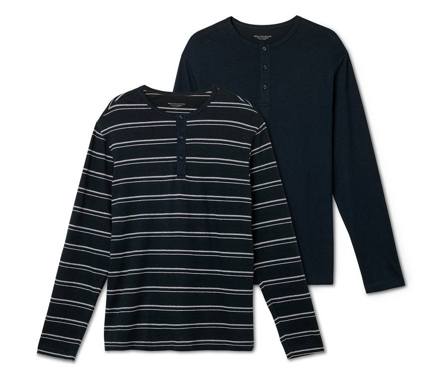 Dvě pánská trička s dlouhým rukávem. Jedno je tmavě modré s bílými proužky, druhé je jednobarevné tmavě modré.