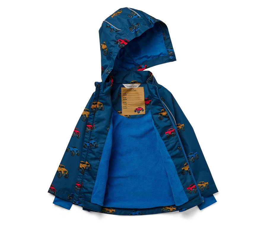 Otevřená modrá dětská bunda s kapucí a vzorem monster trucků.
