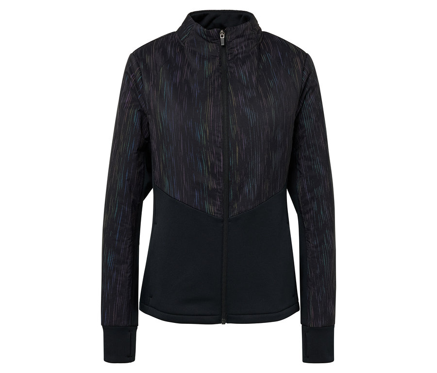 Černá bunda se zipem a vzorem na horní části.