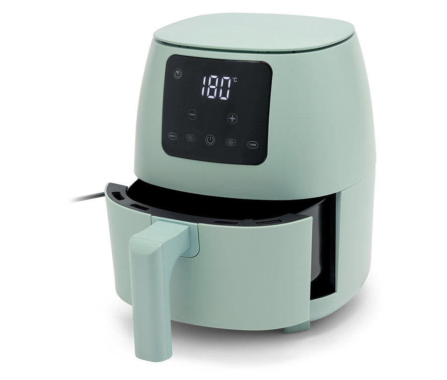 Světle zelená horkovzdušná fritéza s digitálním displejem zobrazujícím 180 stupňů.
