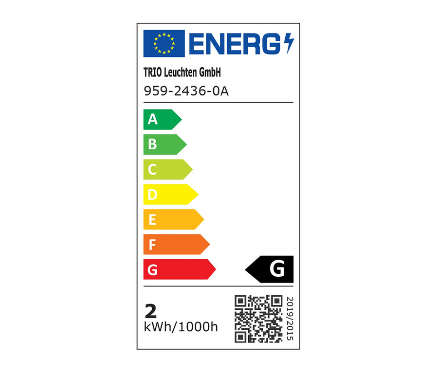 Energetický štítek TRIO Leuchten GmbH, 959-2436-0A, s třídou energetické účinnosti G a spotřebou 2 kWh/1000h.