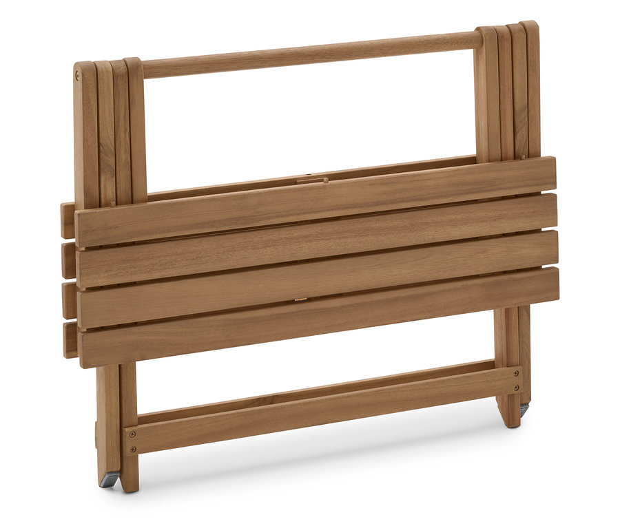 Složený hnědý dřevěný stolek na kolečkách.